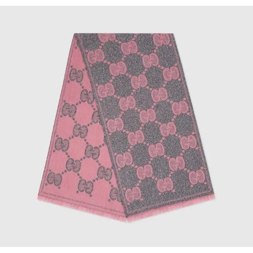 Gently used GUCCI lady nest GG jacquard wool blend scarf pink and grey sparkly - Picture 3 of 12